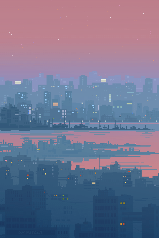 Pixel art of a city harbor at dusk.